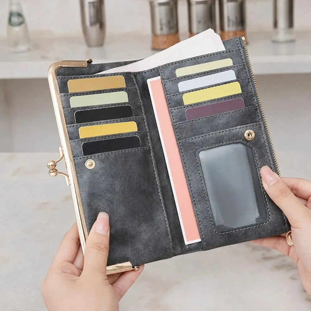 Minimalism Kiss Lock Long Wallet Solid Color Multi Functional Card Holder Double Fold Coin Purse Women