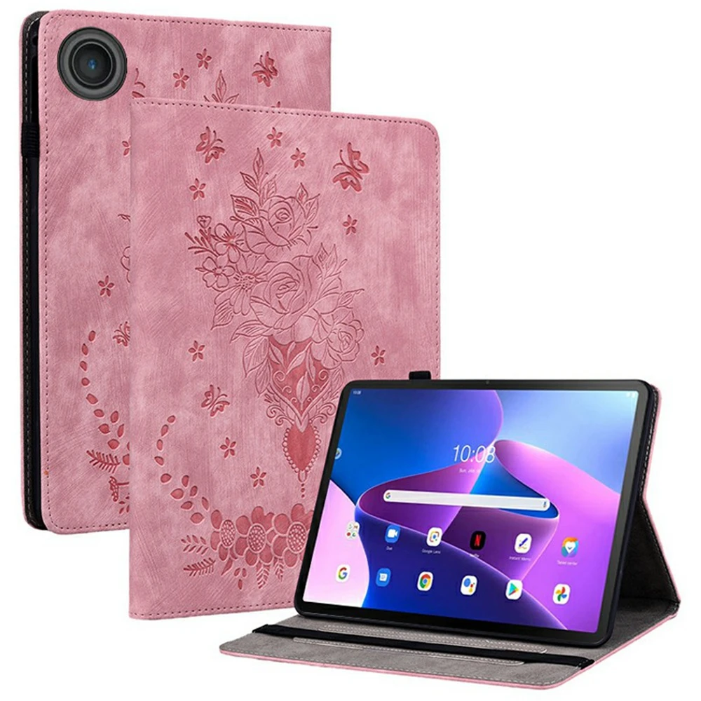 

For Lenovo Tab TB311FU Case Card Holder Anti-Scratch Leather Cover Rose Flower Imprint - Pink
