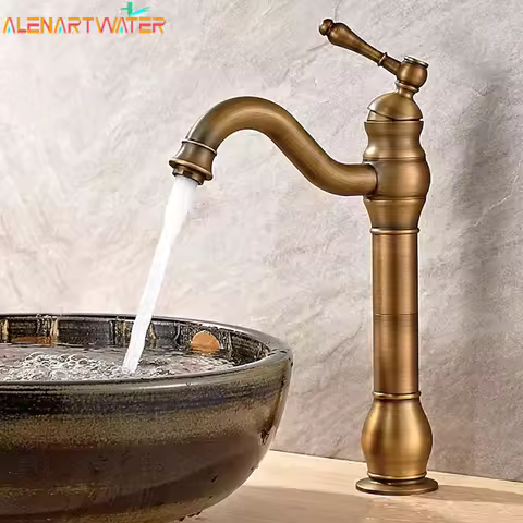Antique Basin Faucet Brass Single Handle 360 Rotation Deck Mounted Bathroom Basin Faucet Hot Cold Mixer Tap Vessel Sink Crane