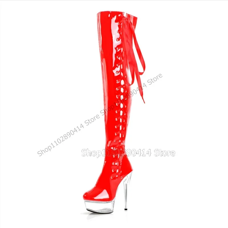 

Multi Colors Side Cross Tied Clear Platform Boots Thigh High Women Shoes Thin High Heels Sexy Fashion 2023 Zapatos Para Mujere