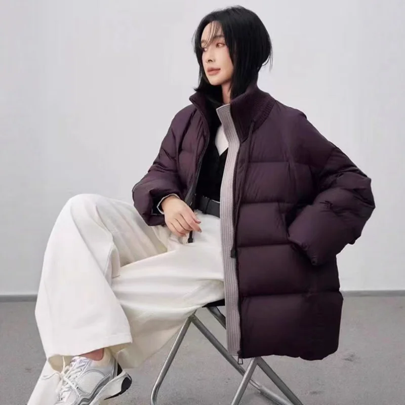 Jaket Musim Dingin Wanita dengan Tali Serut dan Kerah Bergaris Rajutan Patchwork Oversized Tebal Hangat Trendy
