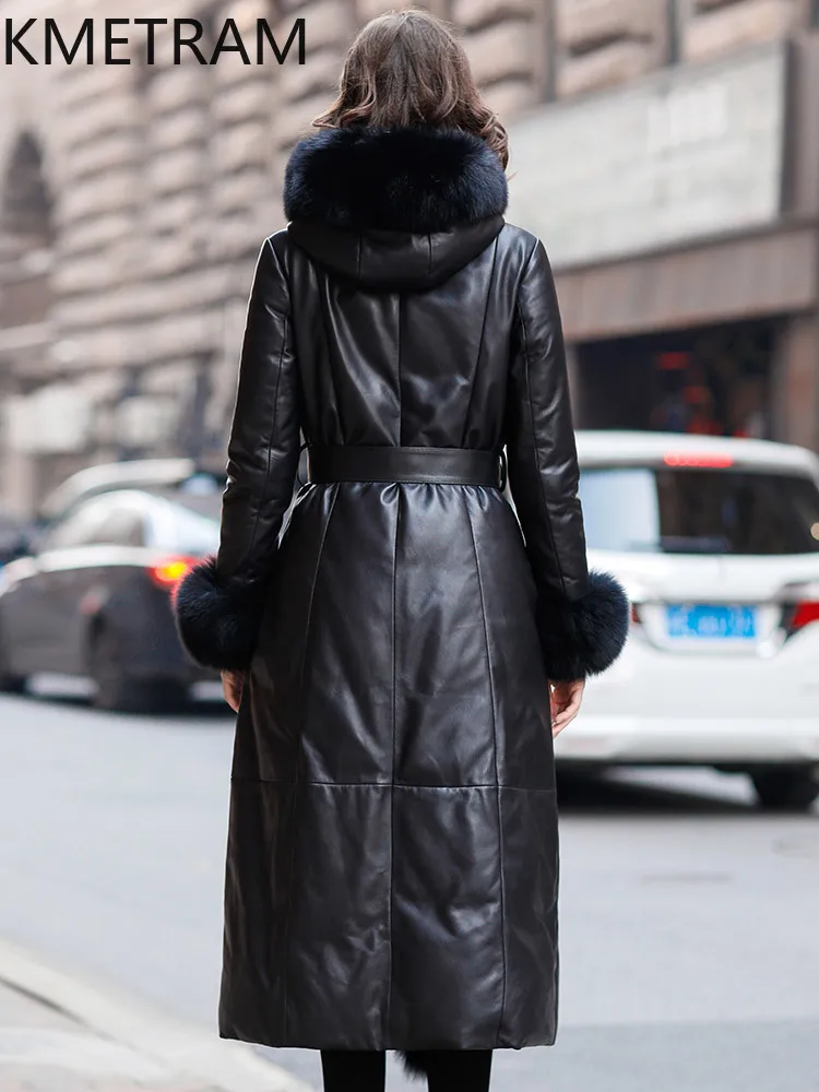 معطف KMETRAM من جلد الغنم الحقيقي معاطف طويلة من الفرو على الموضة مع قلنسوة ملابس شتوية للنساء 2025 كردينا جينزنايا