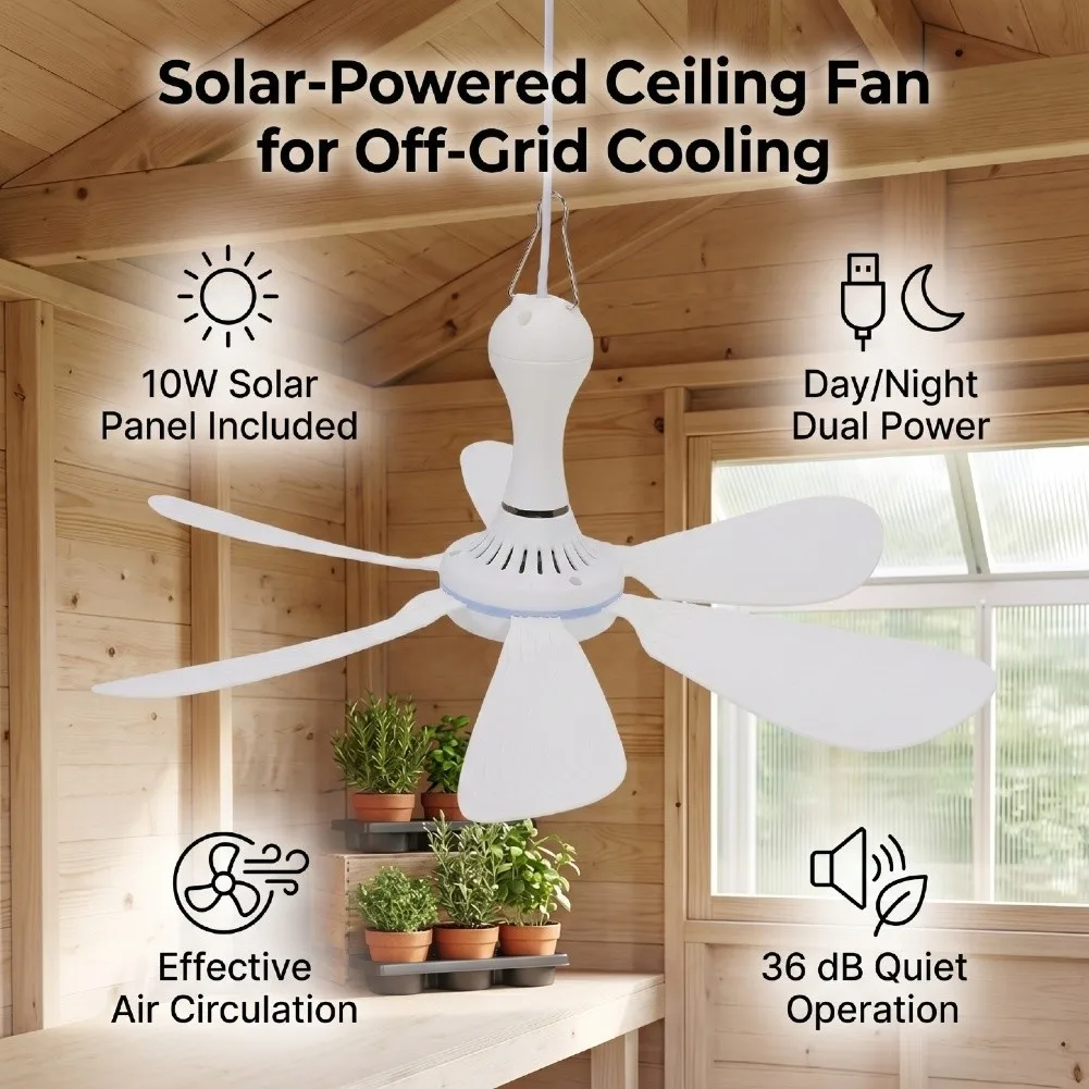 10W for solar Panel Driven Ceiling Fan for Campers RV Users and Grid Living with Foldable Transport and Low Noise Operation