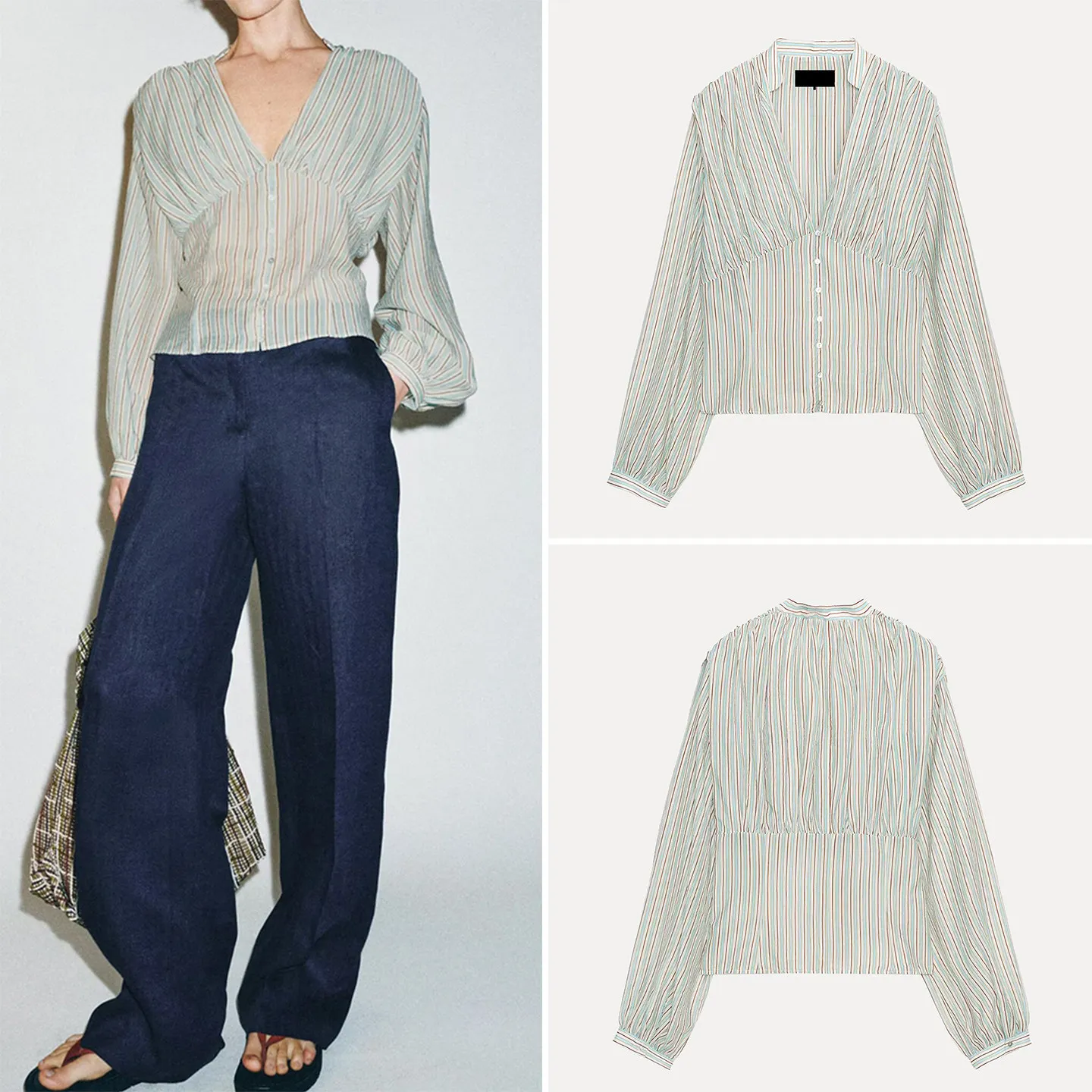 

Casual Stripe Waist-Cinching Long Sleeve V-Neck Shirt Women's Fashion Spring 2026 ZADATA Loose Fit Regular Length Button-Up