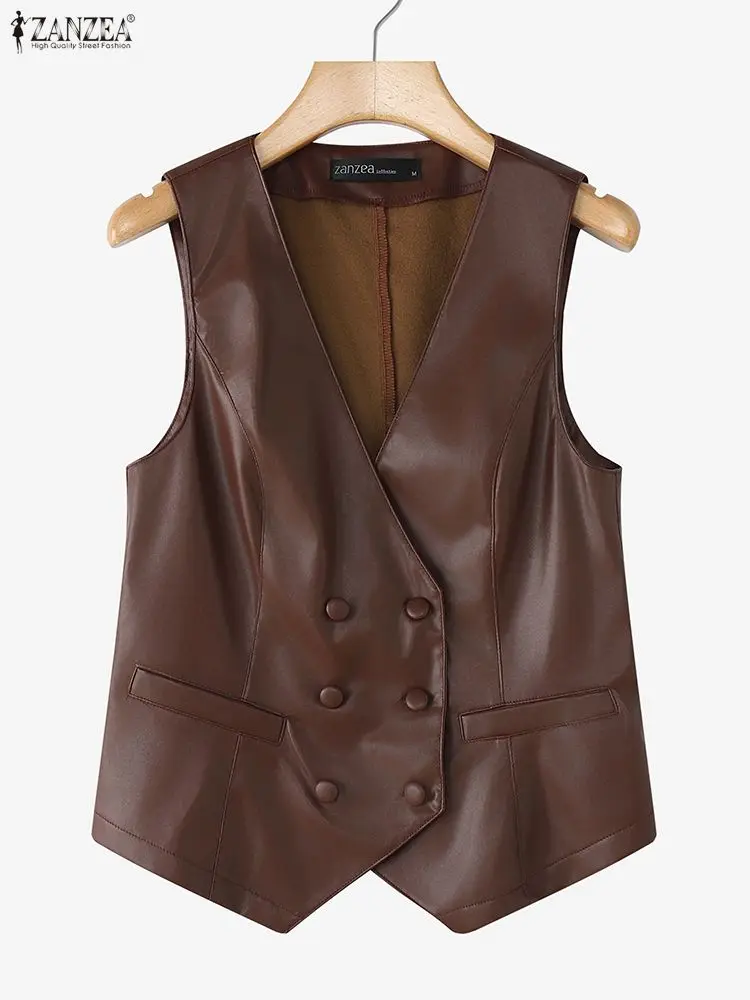 

ZANZEA Women Autumn 2025 PU Leather Vests Elegant V-Neck Double-Breasted Sleeveless Waist Coat Faux Leather Woman Outwear S-3XL