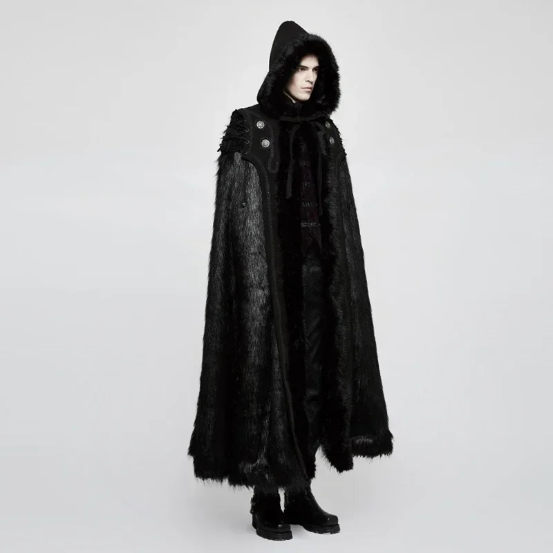 PUNK RAVE Gothic Witch Long Bat Fur Cloak Halloween Black Knight Luxury Men Hood Imitation Wool-grass Fabric