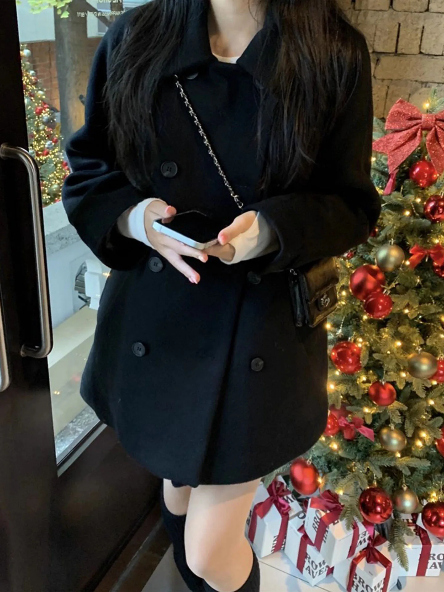 معطف صوفي دافئ للنساء مزدوج الصدر مملوء بالقطن ملابس خارجية كورية فضفاضة تناسب معطف طويل Sve متوسط الطول #4