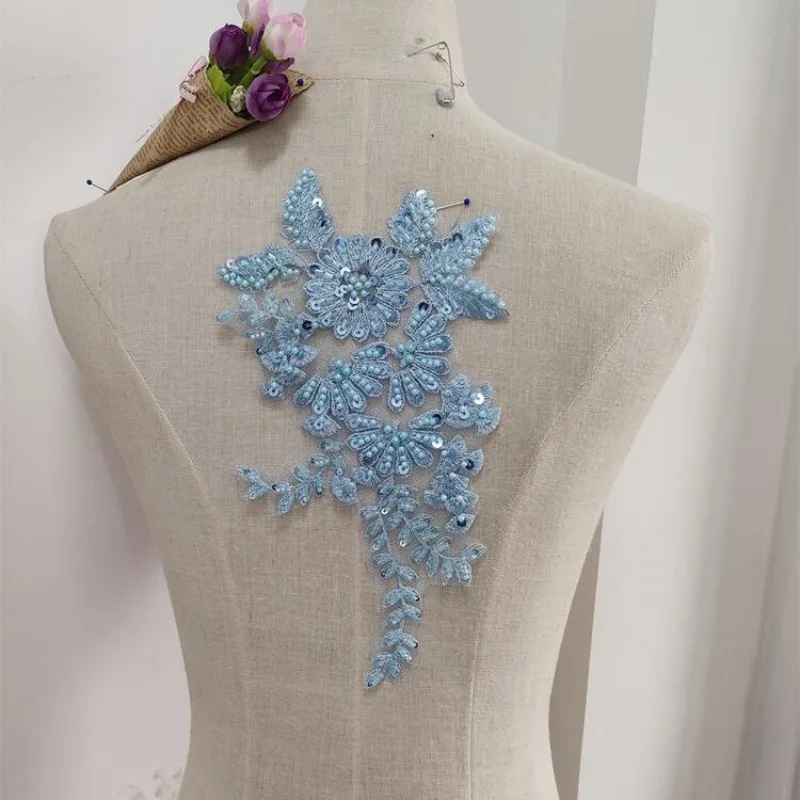 2PCS Blue Handmade Beaded Lace Flower Patches for DIY Clothing Accessories Ideal for Dress Decoration Require Sewing