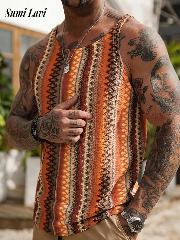 2026 Summer New Casual Mens Knit Tank Tops Vintage Striped Crochet Hollow Out Camisoles Men Leisure Breathable Sleeveless Vest