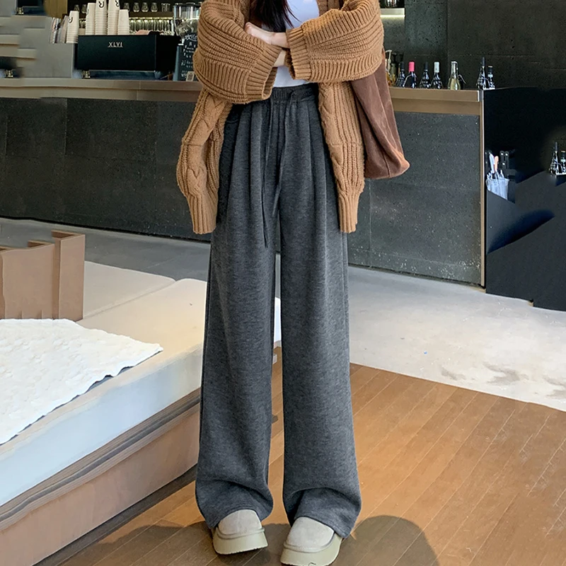 Pantaloni a gamba larga dritti a vita alta Donna Autunno Inverno Addensare Peluche Pantaloni caldi in peluche Donna Pantaloni casual larghi con lacci Donna