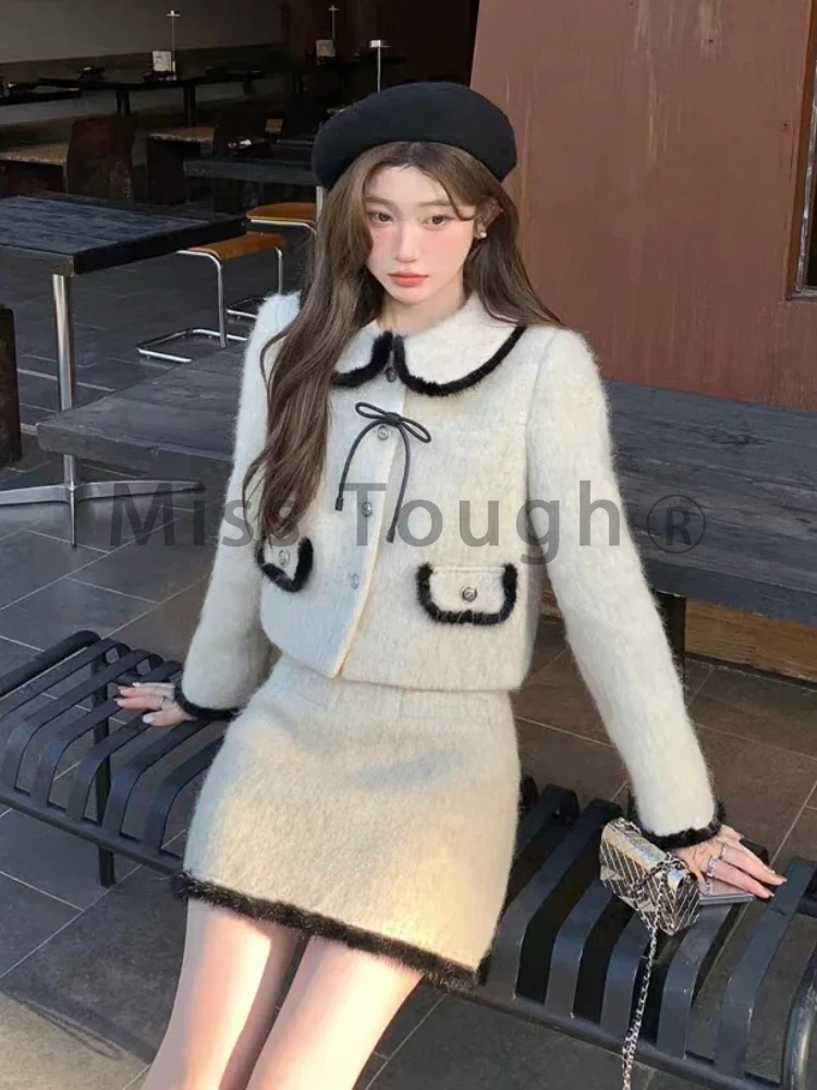 Winter Vintage Elegant Warm Two Piece Set Women Patchwork Kawaii Chic Skirt Suit Female Korean Bow Fur Coat + Mini Skirt 2023