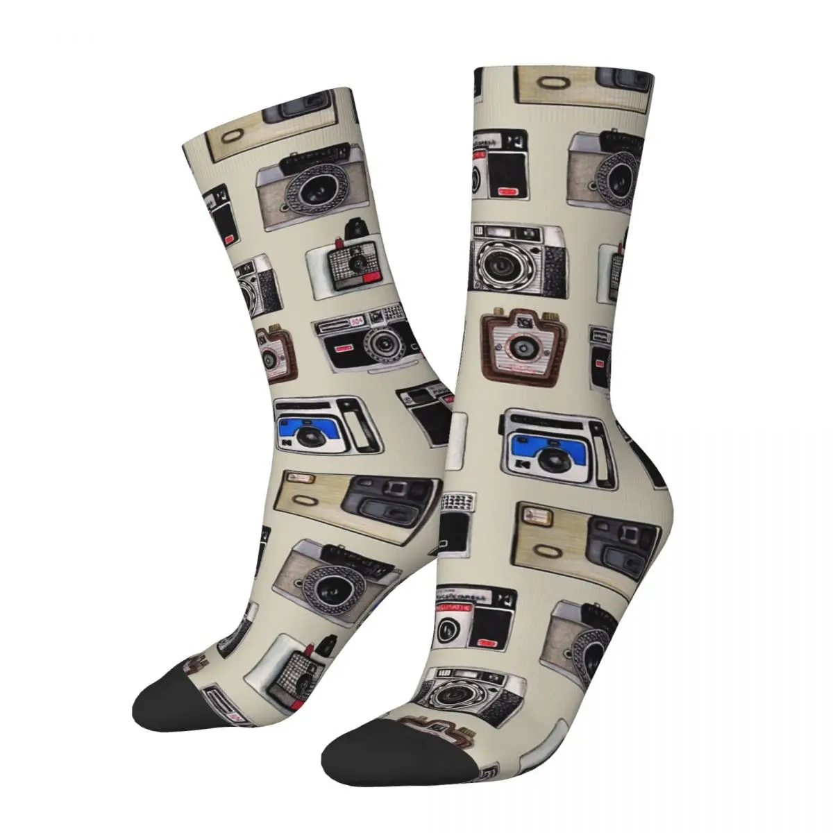 Funny Crazy Sock for Men Photography Pattern Hip Hop Harajuku Old Style Camera Happy Seamless Pattern Printed Boys Crew Sock