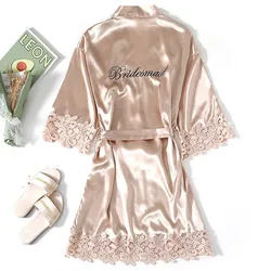 Champagne noiva dama de honra casamento robe rendas pijamas casa wear sexy cetim roupão de banho feminino lingerie íntima