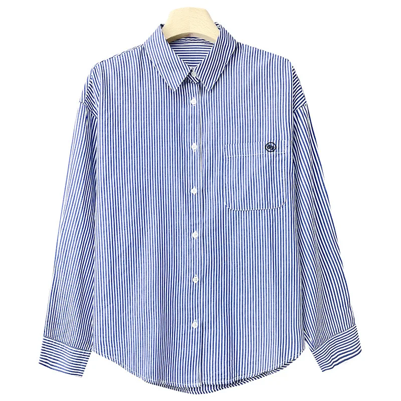 Azul listrado feminino longo sve algodão irt commute sle solto ajuste puro algodão design simples outono faion nova chegada