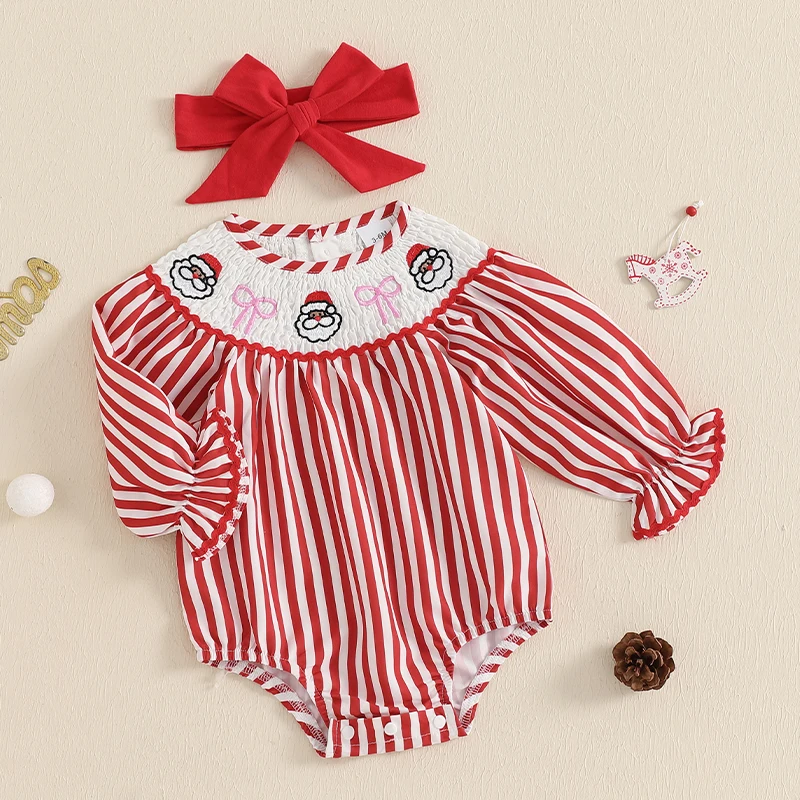 Baby Girl Christmas Smocked Santa Bubble Romper Retro Striped Bodysuit Bow 2Pcs Cute 1st Xmas Gift Going Home Photos