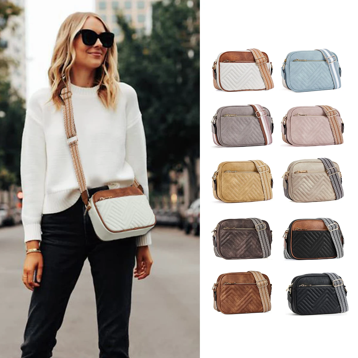 

Quilted Crossbody Bags for Women Trendy PU Vegan Leather Purses Small Shoulder Handbags with Wide Strap