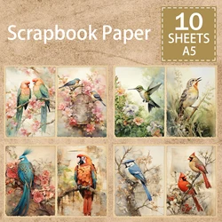 10 Sheets A5 Size Bird Animal Parrot Flowers Background Vintage Grunge Journal Planning Scrapbooking