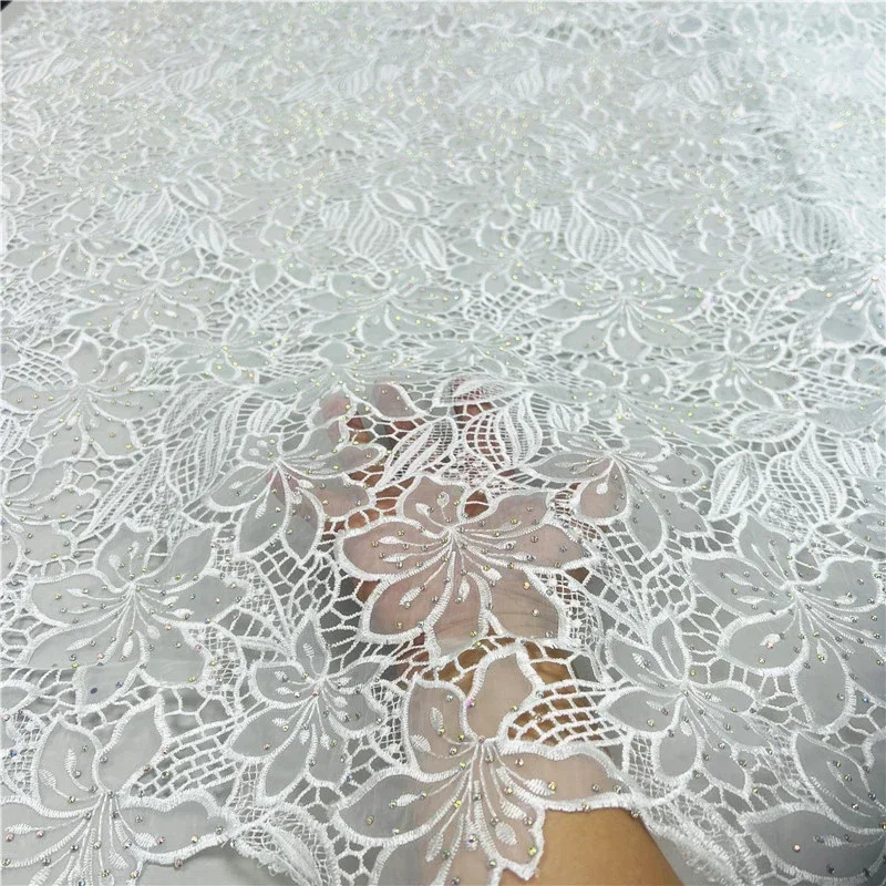 5 Yard Pure white Hot Selling French Lace With organza African Tulle Cord Lace Net Embroidered Fabric For Wedding Party 12L18261