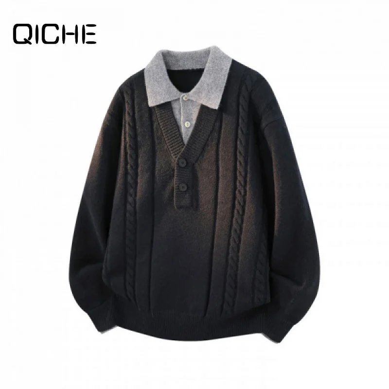 QICHE Men Polo Collar Cable Knit Sweater Old Money Moroccan Style Fake Two Piece Atmospheric Knit Top