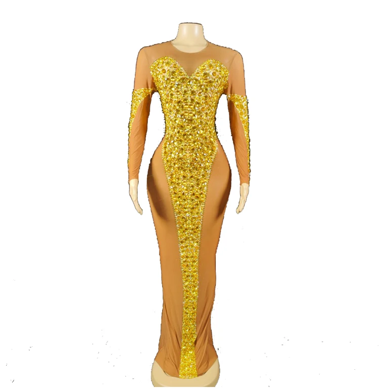 Sparkly Sexy Backless Costume Prom Outfit Evening Birthday Gold Crystals Transparent Long Dress