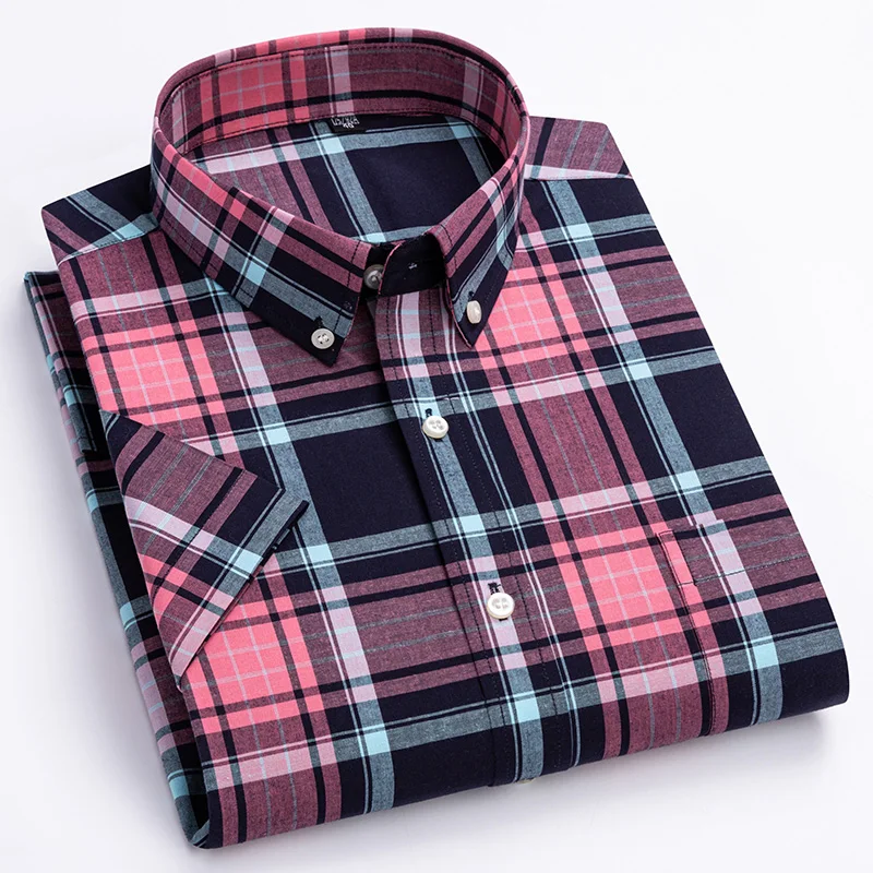 New in shirt100%cotton short sleeve shirts for men slim fit casual shirt summer vintage hawaiian tops elegant soft plaid clothes