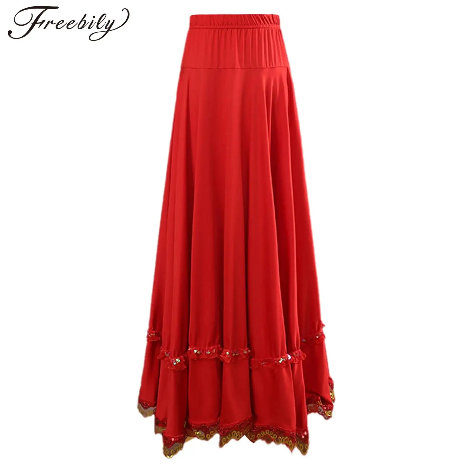 Damska spódnica do flamenco, tańca towarzyskiego, pełna okrągła spódnica maxi z wysokim stanem i falbanami do hiszpańskiego paso doble, tańca ludowego na placu i tańca brzucha.