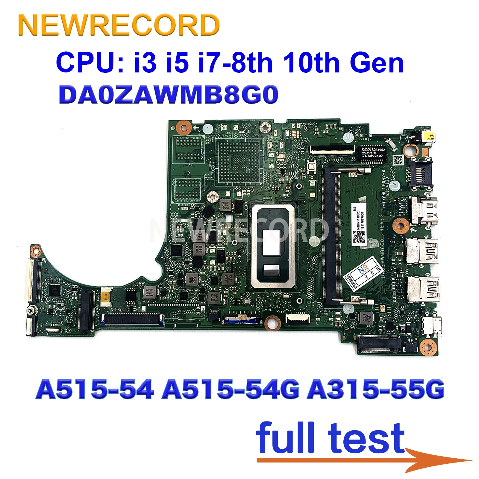 For Acer Aspire A515-54 A515-54G A315-55G Laptop Motherboard DA0ZAWMB8G0 With i3 i5 i7-8th 10th Gen CPU 0GB/4GB RAM Mainboard