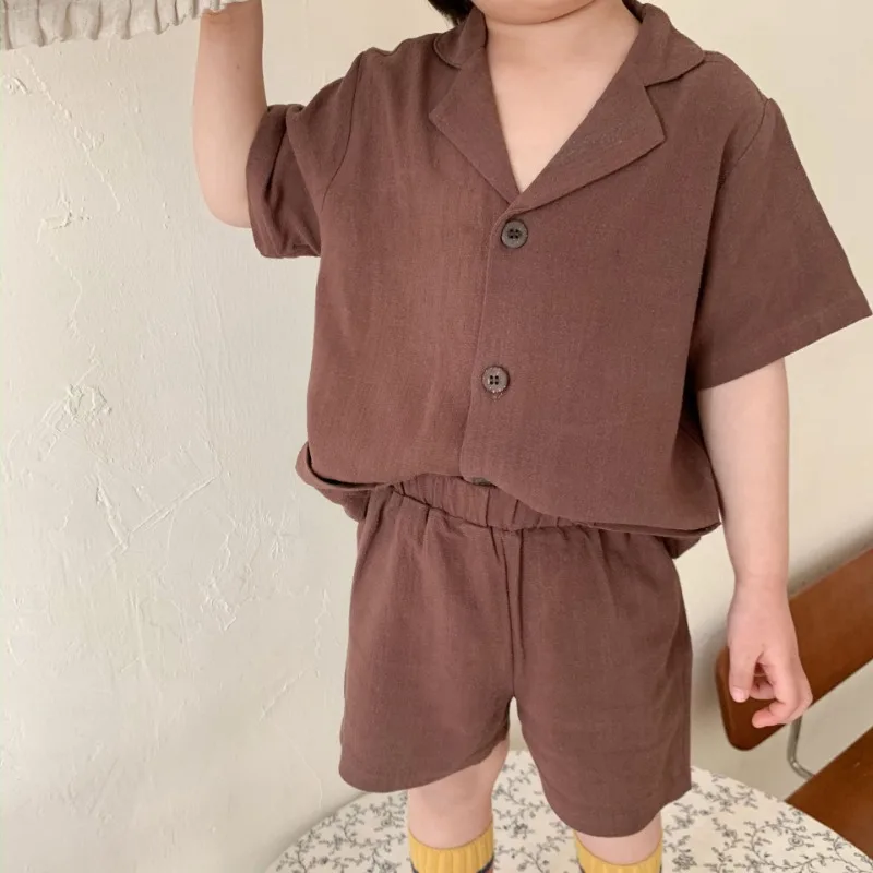 Korean Style Children's Clothing Sets 2025 Summer Baby Boys Short Sleeved Cotton Solid Color Shirt+Shorts Kids Girls 2Pcs Suit 4