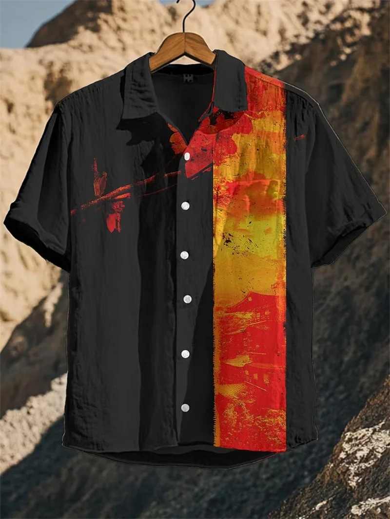 New red and yellow ancient architecture plum blossom contrasting printed short sleeved shirt for men's casual top