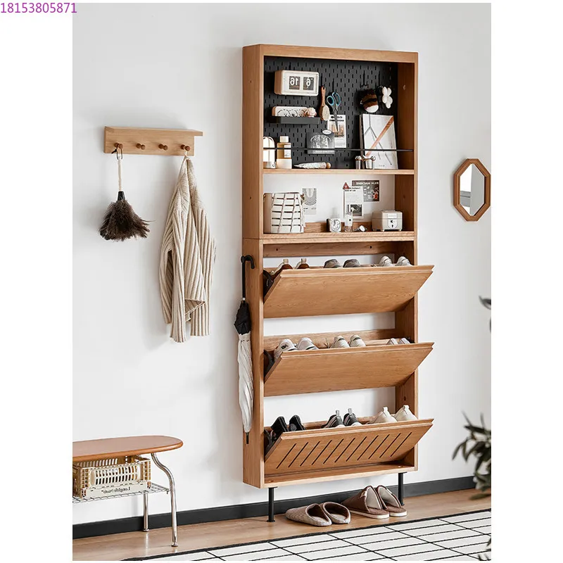 Solid wood shoe cabinet household indoor door narrow ultra-thin tipping bucket multi-functional cherry wood