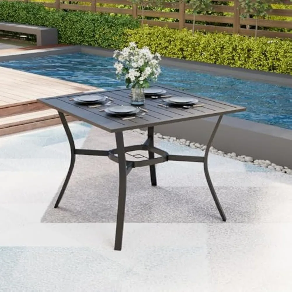 

37''x37'' Outdoor Dining Table for 4, E-Coating Metal Patio Dining Table with 1.57'' Umbrella Hole, All-Weather Black Square Ta