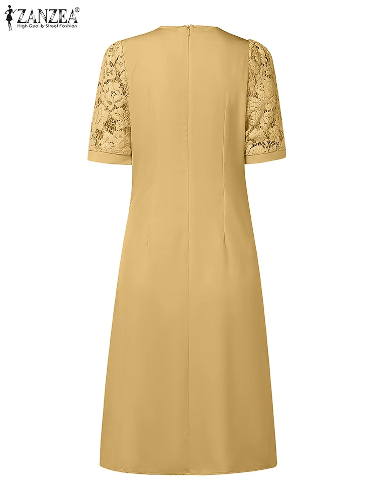 ZANZEA Elegant Womens Vestidos Openwork ลูกไม้ V คอเอวสั้นพัฟแขนเสื้อ Robes Femme Patchwork แฟชั่นชุด Midi