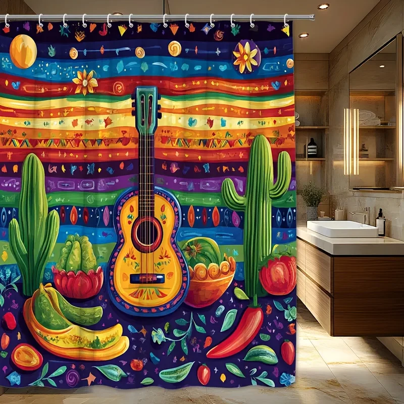 Mexican Style Guitar Shower Curtain, Cactus Chili Pepper Print Waterproof Bathroom Decor, Colorful Fiesta Home Bath Screen