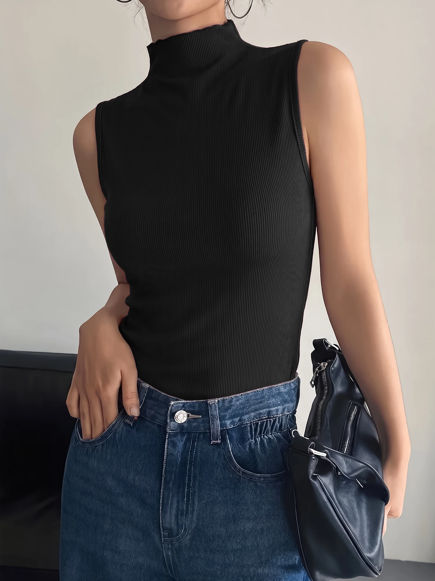 Contemporary Ladies Knit Vest, Rippled Neck Trim Ribbed Top for City Leisure Walks & Brunch Sessions