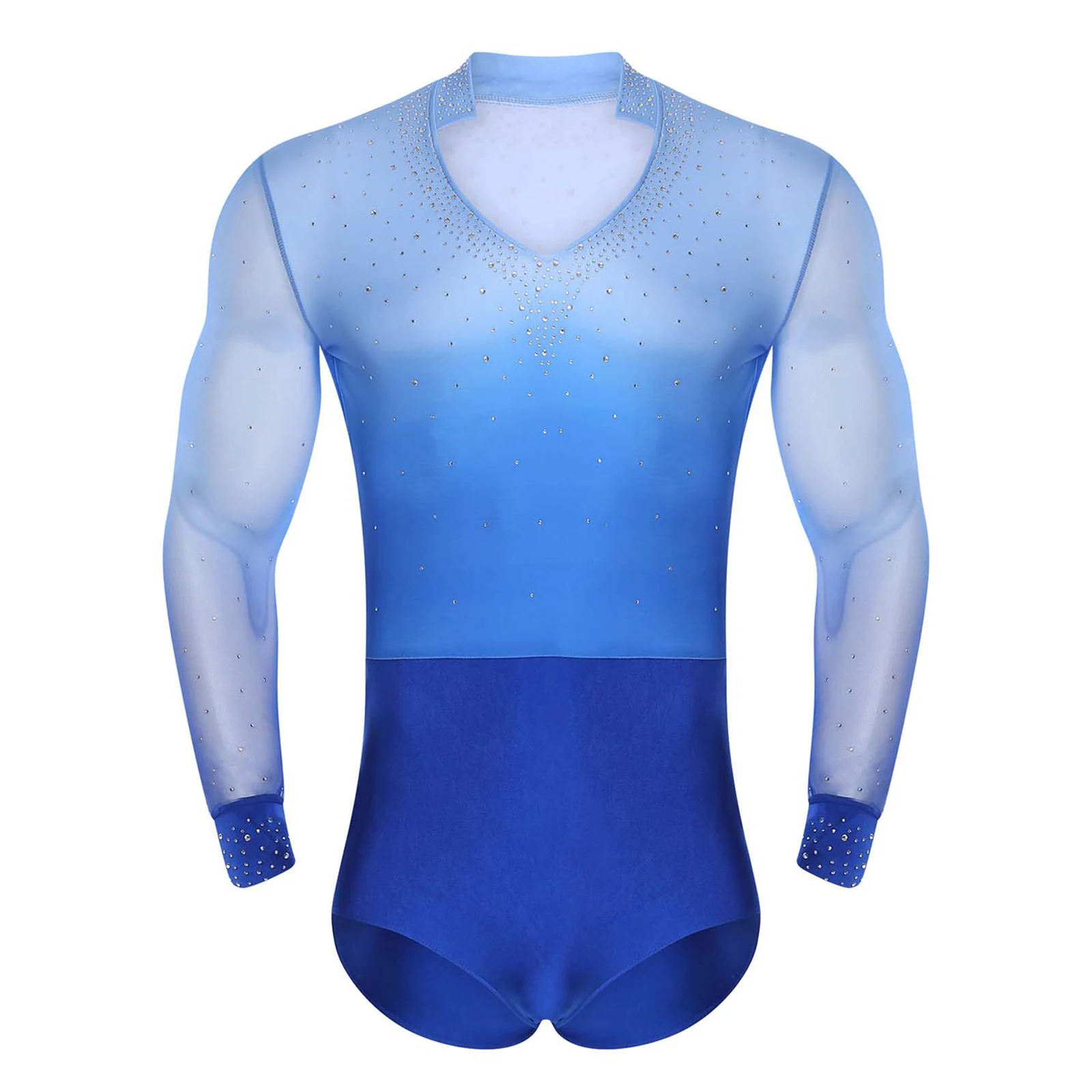 

Men Leotard Figure Skating Ballet Dancewear Mesh Long Sleeve Rhinestones Gradient Bodysuit Gymnastics Dance Performance Costumes