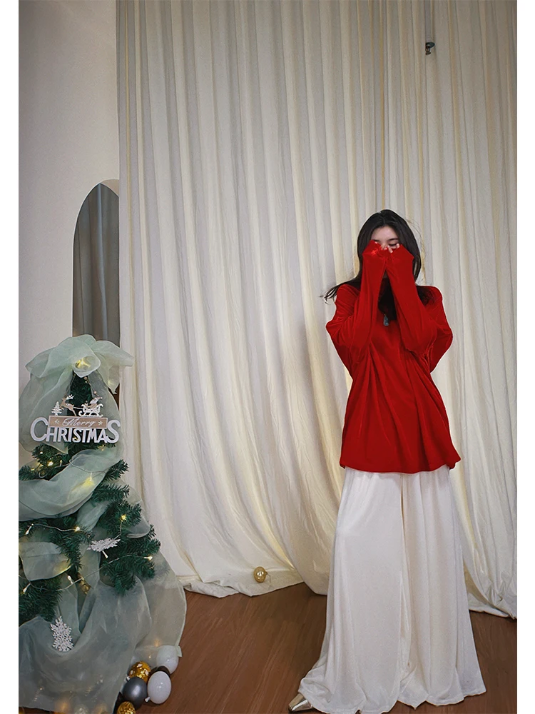 

Красный бархатный топ с одним открытым плечом и длинными рукавами для женщин: стильный, повседневный, свободный, комфортный, дышащий