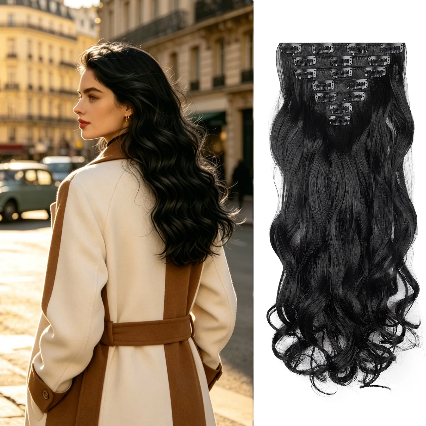 22 Inch Long Curly Wavy Synthetic Hairpieces  7Pcs/Set Clip In Hair Extensions Full Head  For  Women