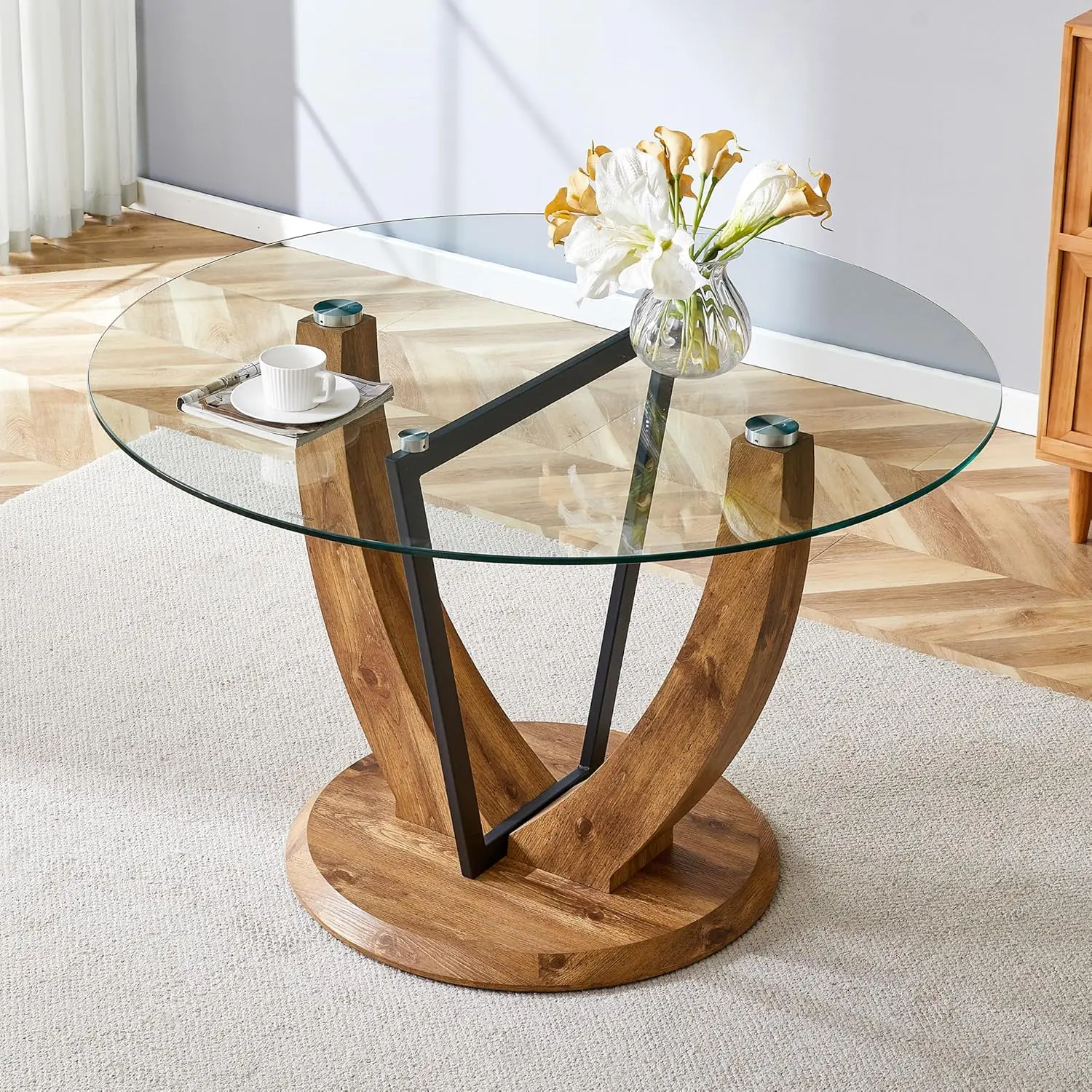 

48" Round Dining Table for 4, Clear Glass Kitchen Table for 4-6 with Wood Pedestal, Modern Circle Dinner Table for Dini