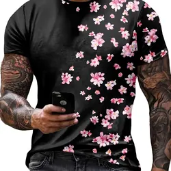 3D printing new men's fashion casual simple short-sleeved T-shirt comfortable breathable cherry blossom print short sleeve