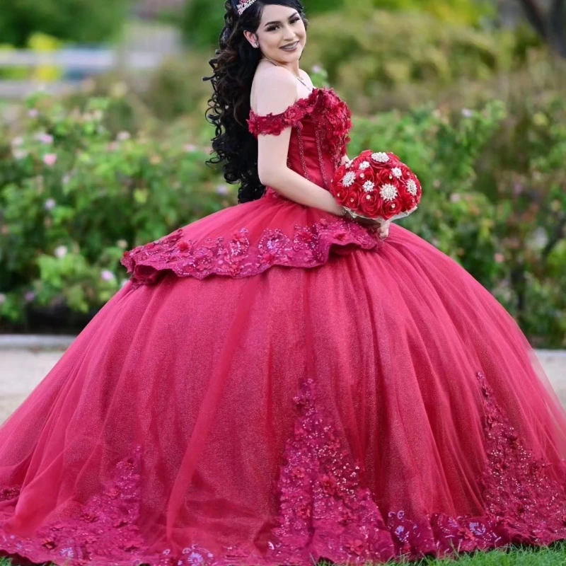 

Red V-Neck Off The Shoulder Shiny Quinceanera Dresses Tulle Appleques Flower Beading Prom Dress For Women Evening Ball Gown