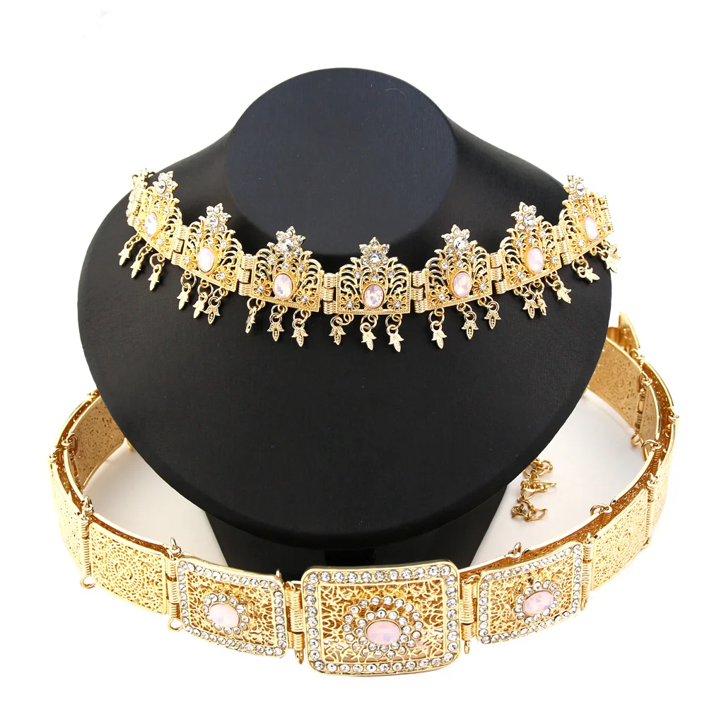 Sunspicems Morocco Jewelry Square Crystal Belt Forehead Chain Hairband Gold Color Bride Wedding Jewelry Caftan Waist Chain Belt