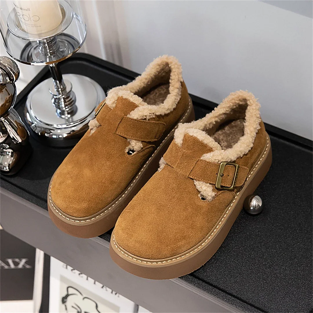 Casual Faux Wool Insole Flatform Shoes For Woman Winter New Round Head Non-Slip Thick Sole Shoe Metal Buckle Strap Women's Shoe