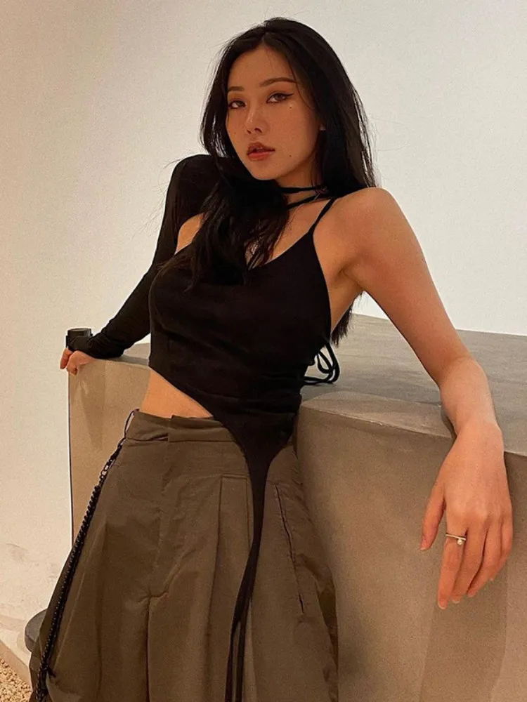 Summer New Solid Color Irregular Y2k Top Casual Lace-up Hollow Women Clothes Hanging Neck Backless Single Side Long Sleeve Tops