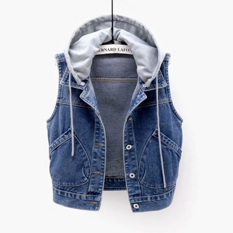 

2024 New Denim Vest Women Spring Autumn Clothes Sleeveless Jacket Short Hooded Jeans Waistcoat Female Tops loose outerwear T031