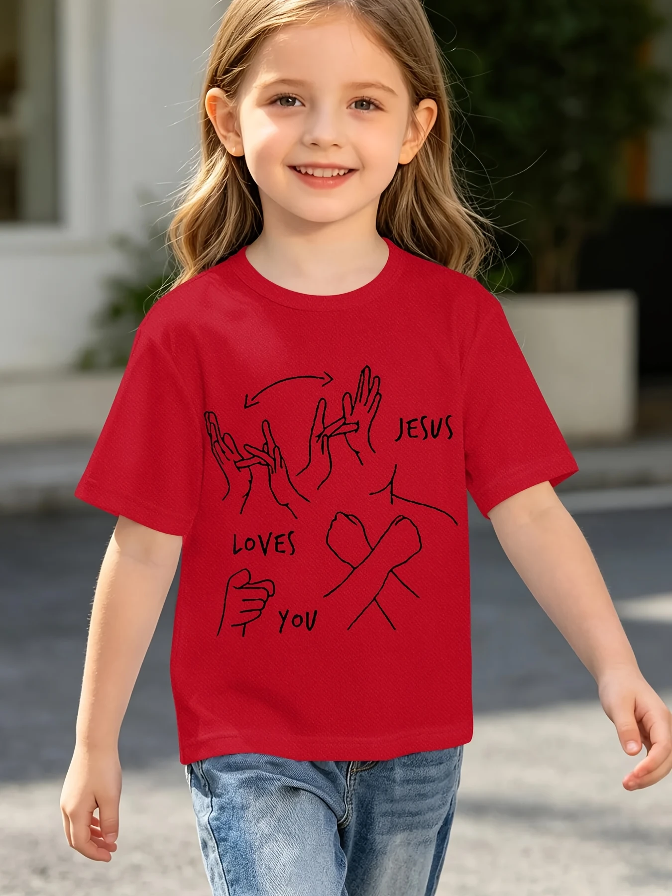 Jesus Loves You Sign Language Hand Print T Shirt Boys Girls Faith Short Sleeve Tee Family Matching Kids Casual Cotton Tops