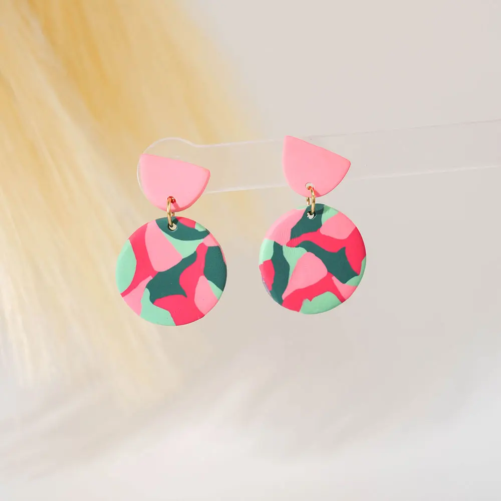 Pendientes colgantes de arcilla polimérica con círculo geométrico bohemio, pendientes colgantes de arcilla de Color contrastante con estampado rosa para mujer, joyería