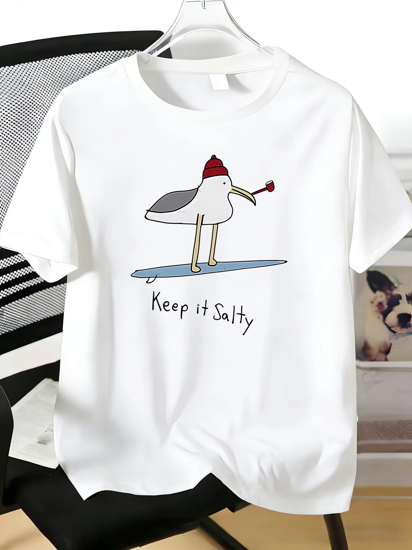 Cartoon Surf Seagull Keep It Salty Print Mens Crew Neck Soft Cotton Beach Short Sleeve Male Summer Daily Casual Basic Tee Top
