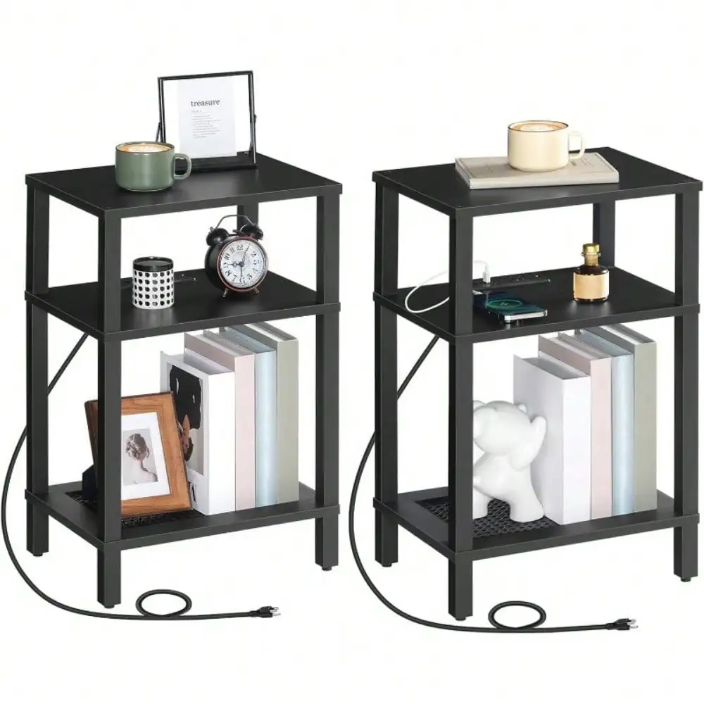 Side Table with Station, Set of 2 End Tables , 3-Tier Storage Shelves Nightstand, Sofa Table for Bedroom, Living Room