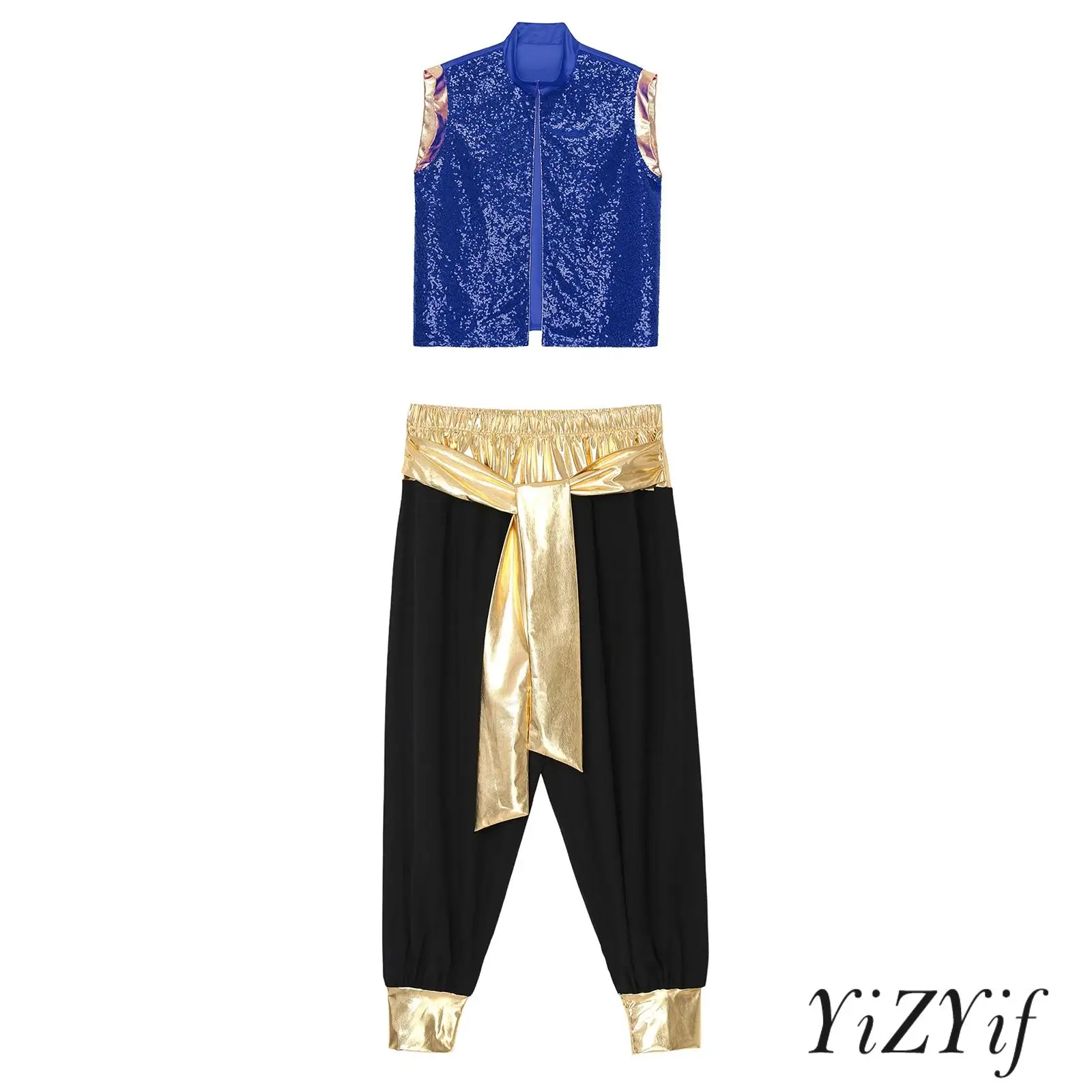 

Mens Shimmering Arabian Costume Set Stand Collar Sequins Vest + Satin Back Tie-Up Pants for Cosplay Parades Fairy Tale Shows