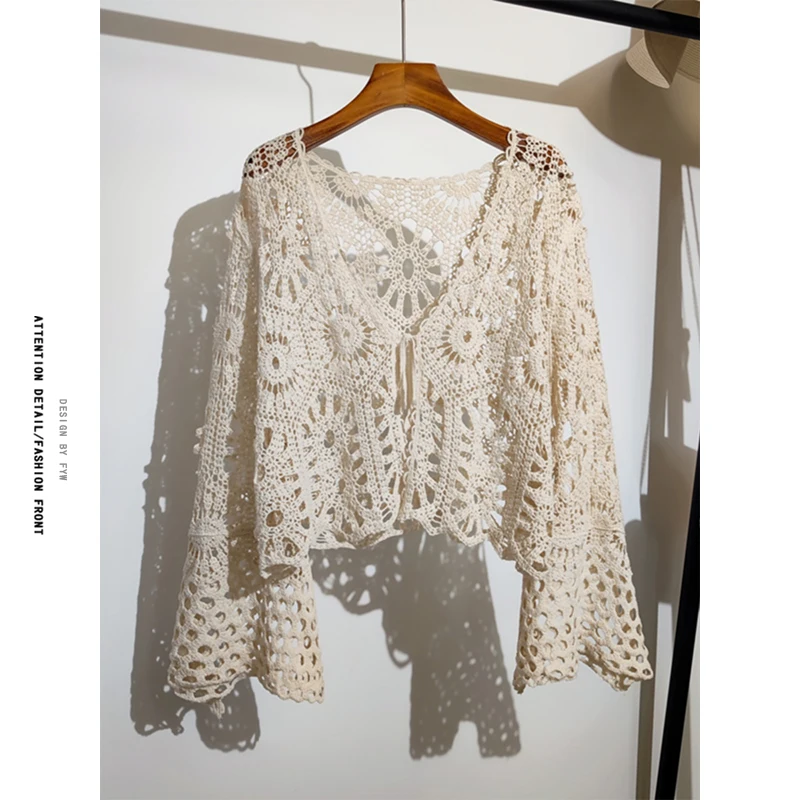 

Women's n Vaion Sle Knitted Long Sve Open Cardigan Hollow out Design Summer New Faion Straight Cut Top